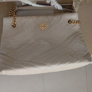 Tory Burch Beige Quilted Shoulder Bag with Gold Chain
